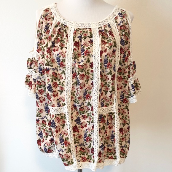 Anthropologie Tops - NWOT Blue Tassel Cold Shoulder Floral Blouse
